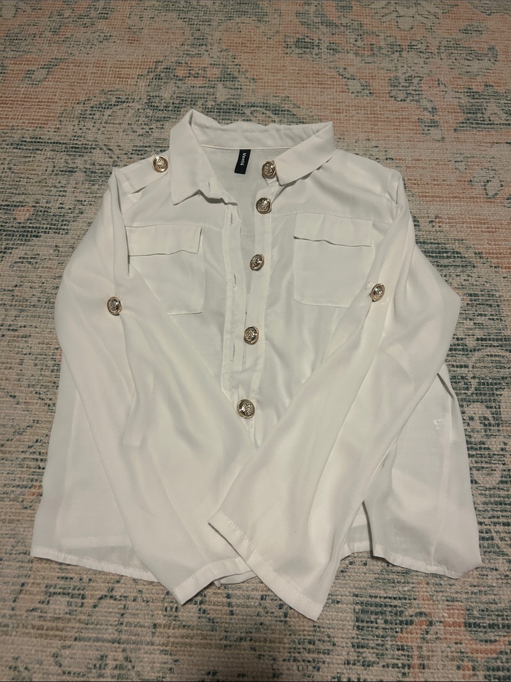 Women's White Button-Up Blouse with Gold Buttons